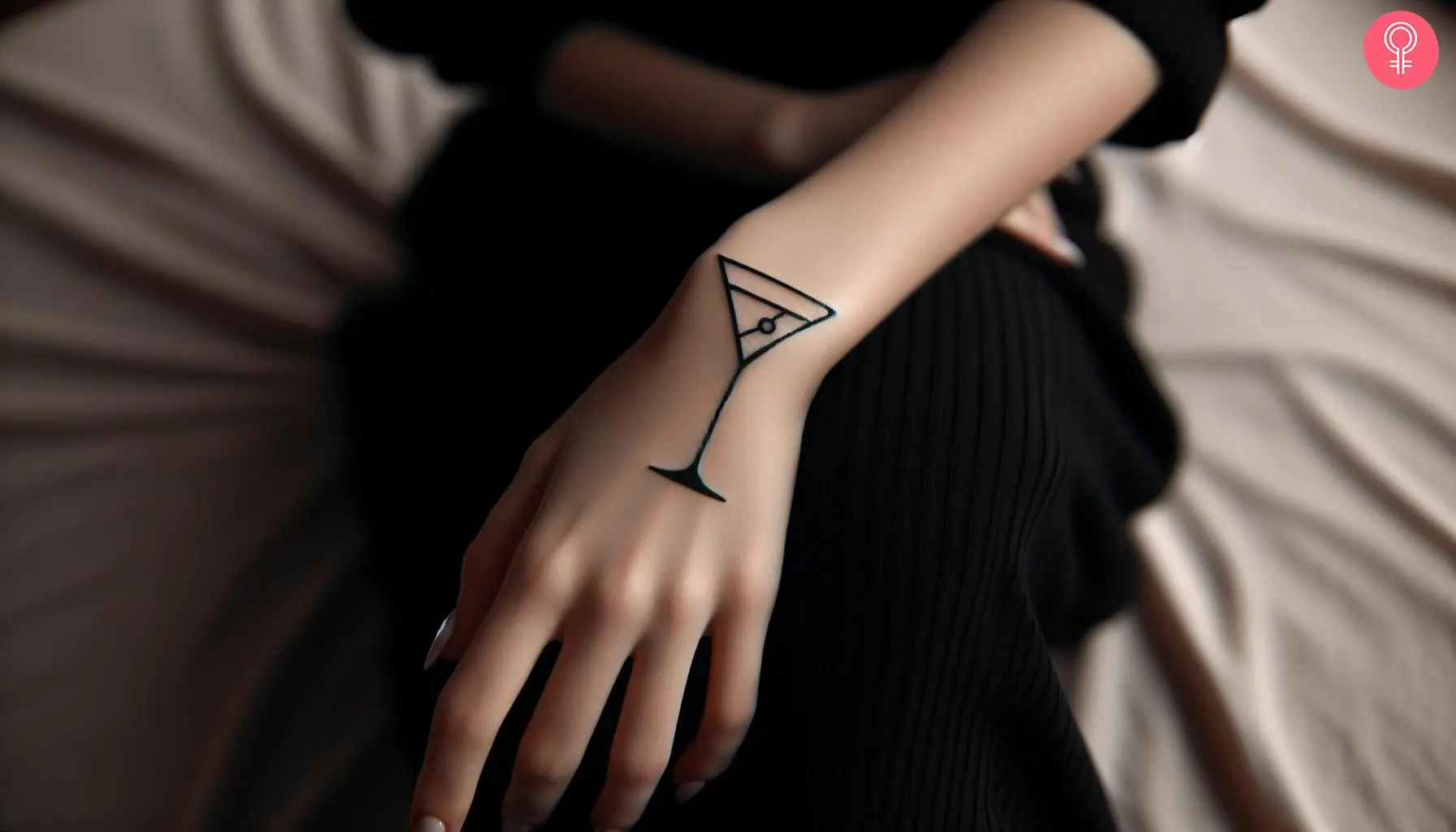 A tiny martini tattoo on the hand inked in black.