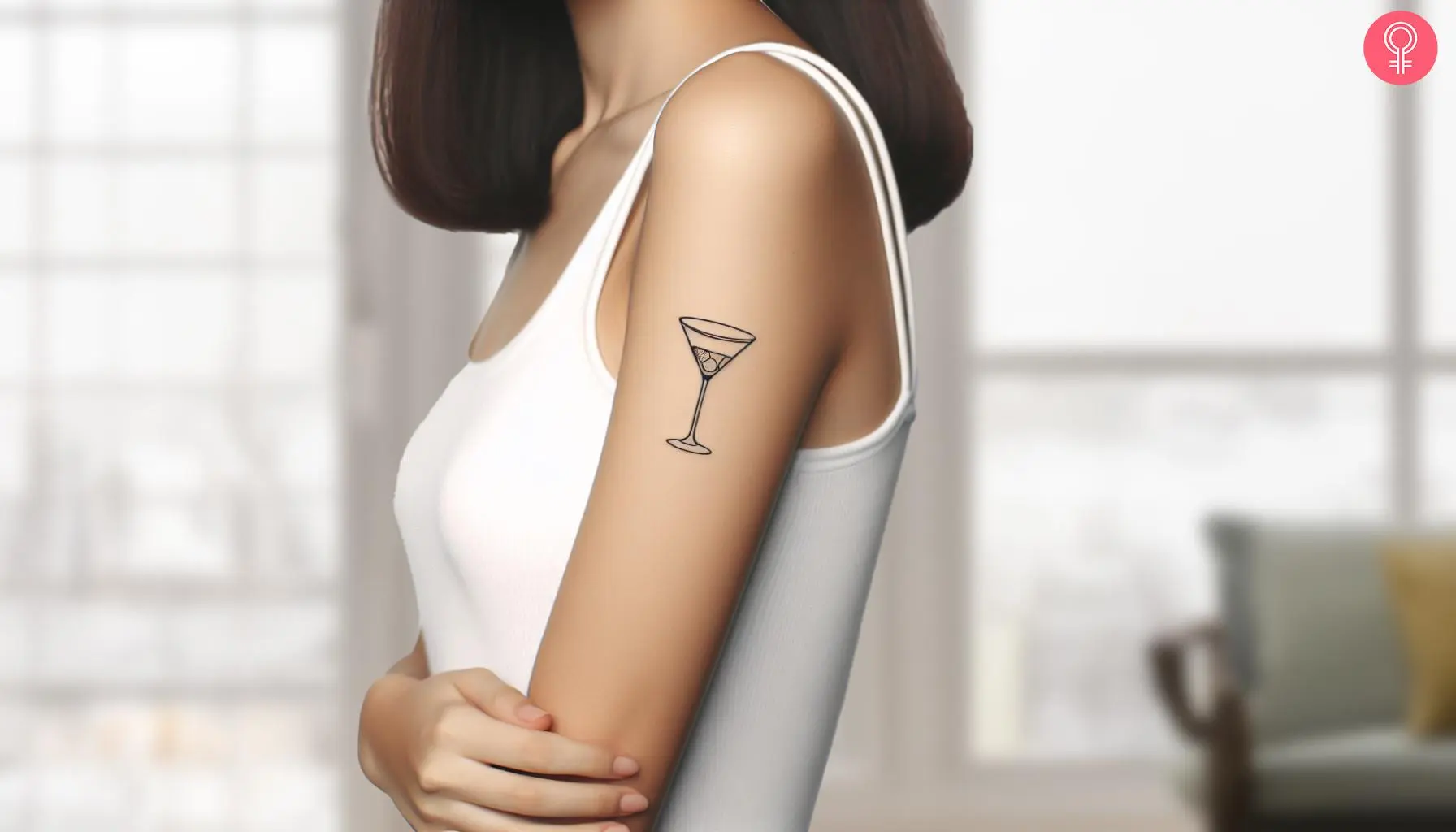 A tiny martini tattoo on the upper arm inked in black.