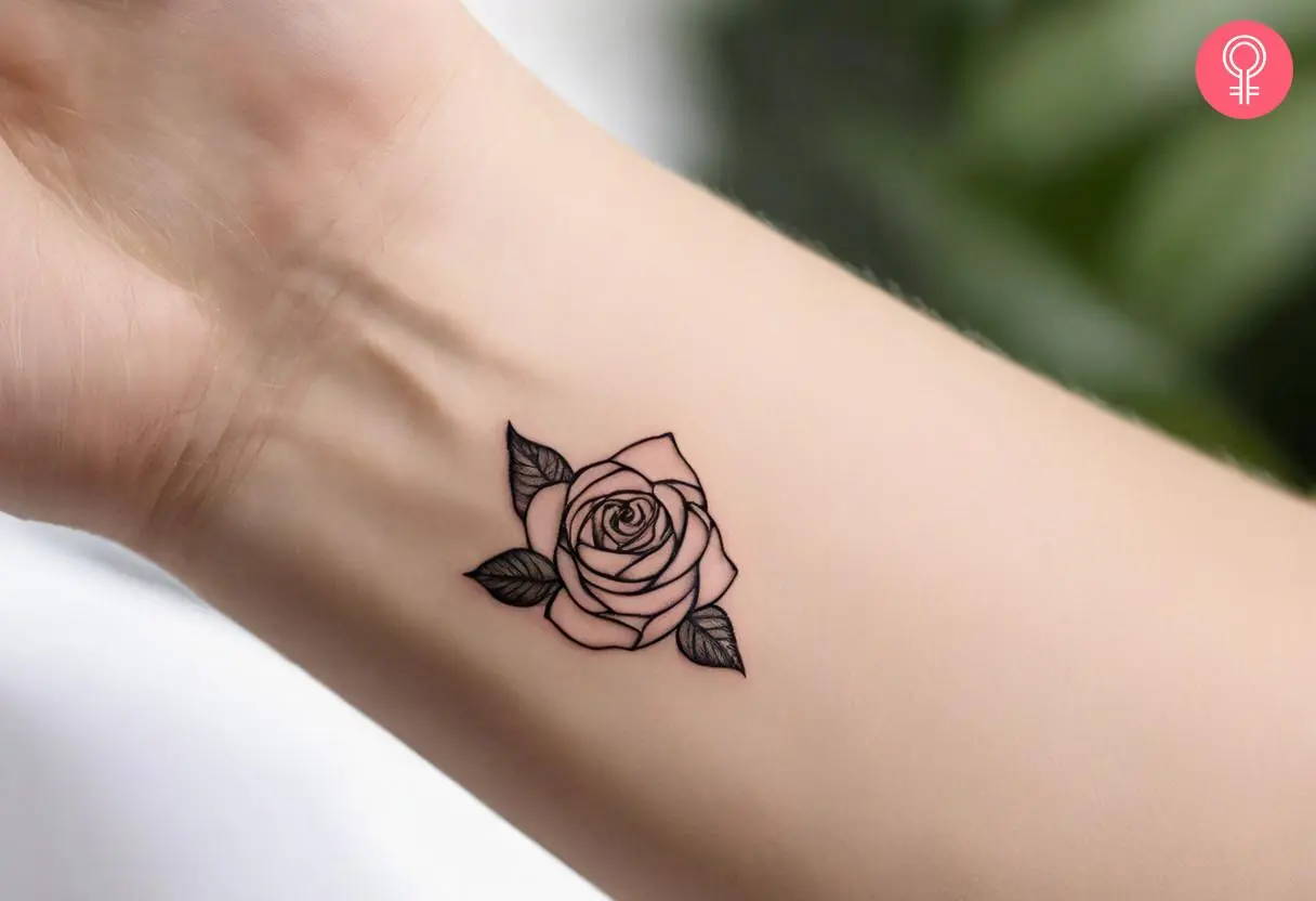 A tiny minimalist rose tattoo on the wrist