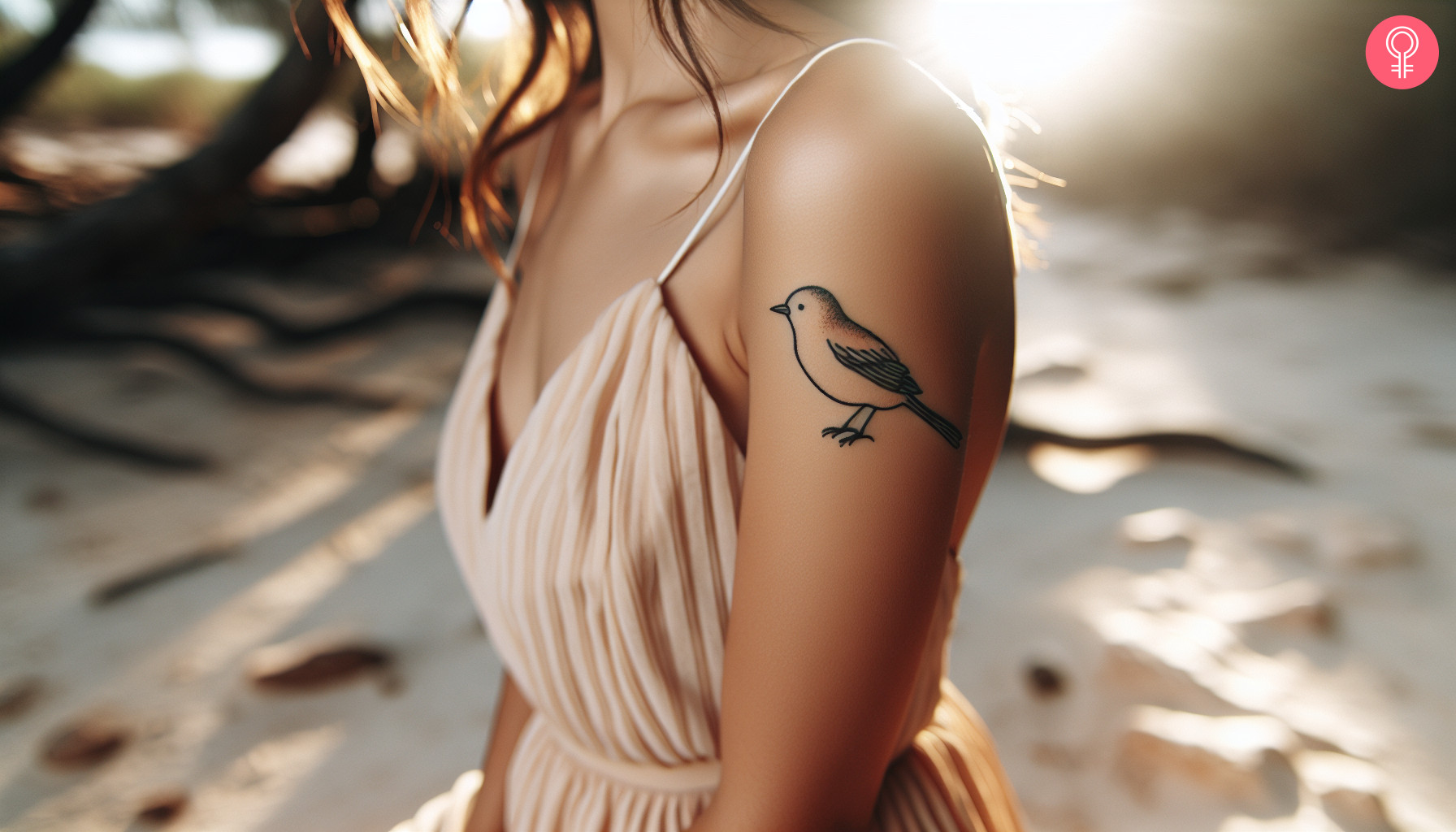 A tiny oriole tattoo with minimalist design on the upper arm