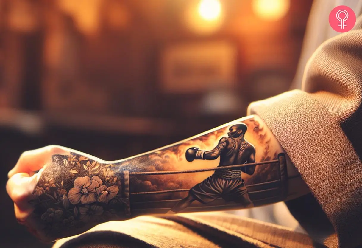 A traditional boxer tattoo on a woman’s forearm