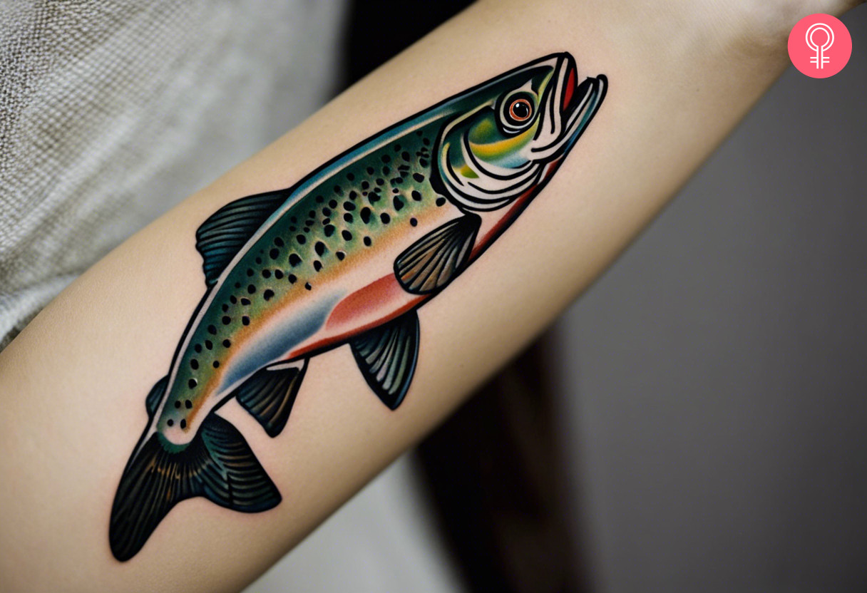 A traditional colorful trout inked on a woman’s forearm.