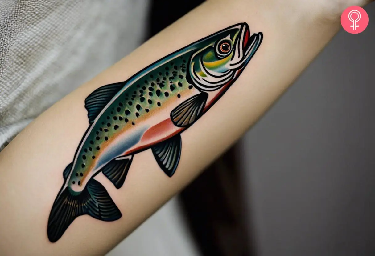 A traditional colorful trout inked on a woman’s forearm.