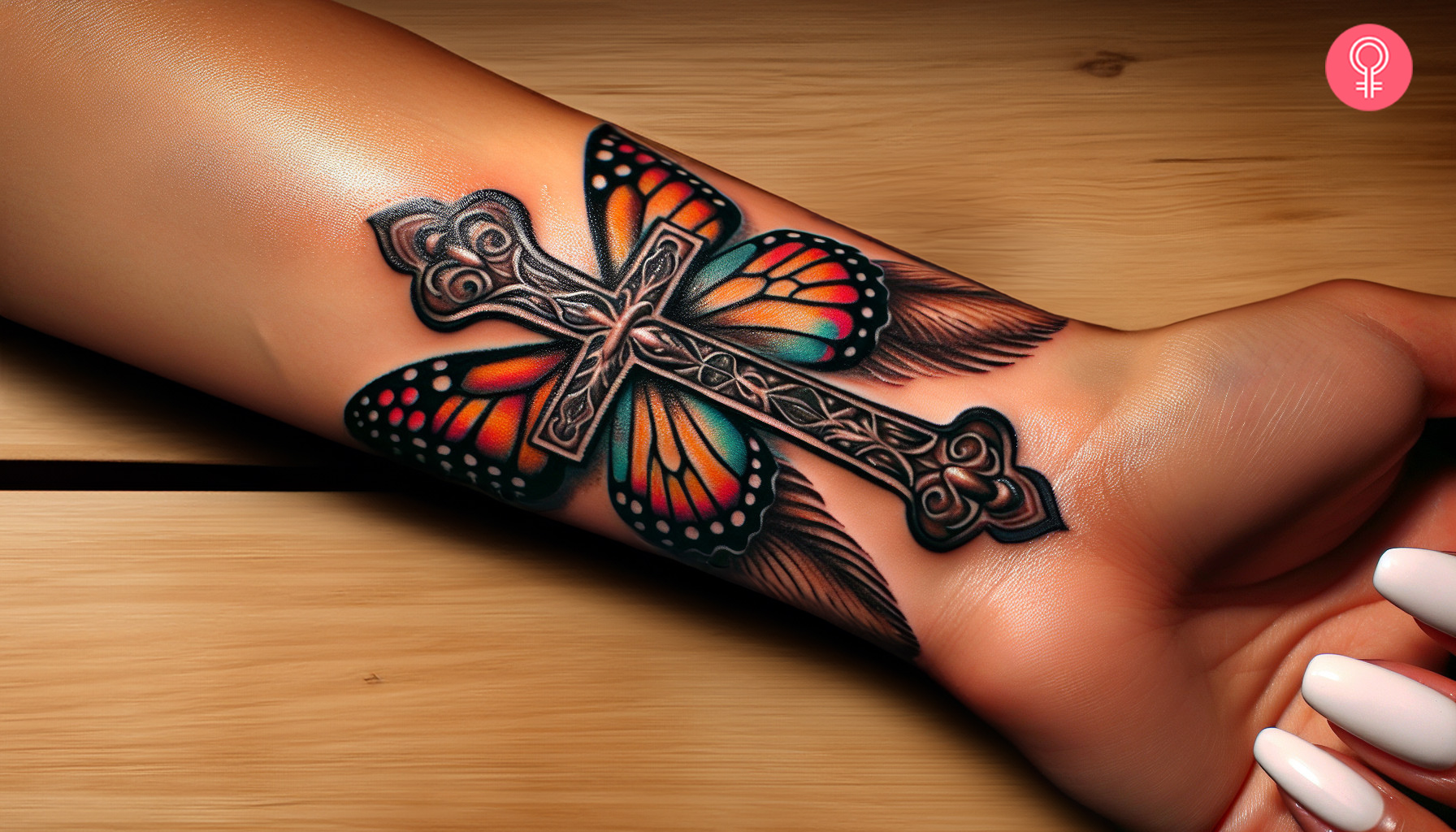 A traditional cross tattoo with butterfly wings inked on the forearm