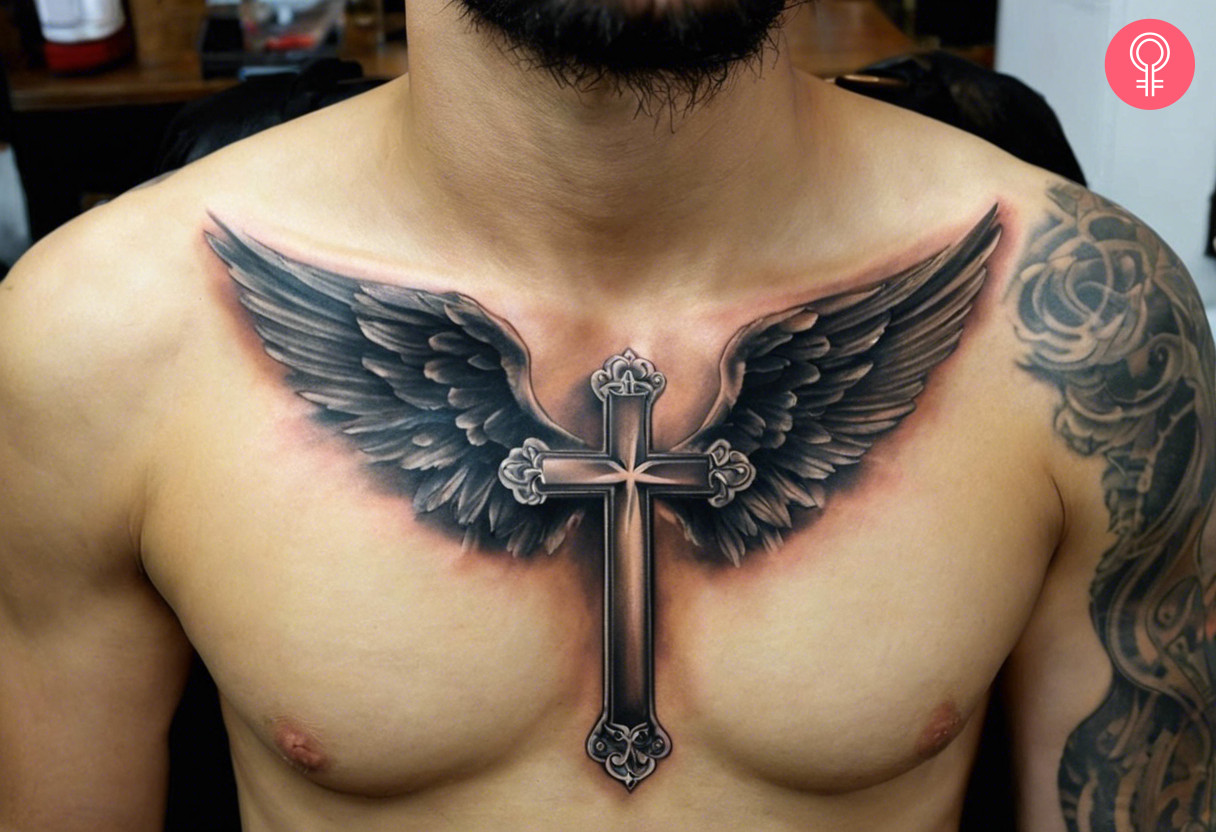 A traditional cross tattoo with wings inked on the chest