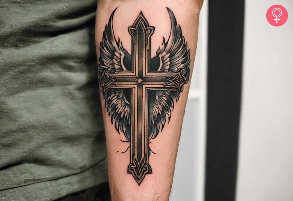 A traditional cross tattoo with wings inked on the forearm