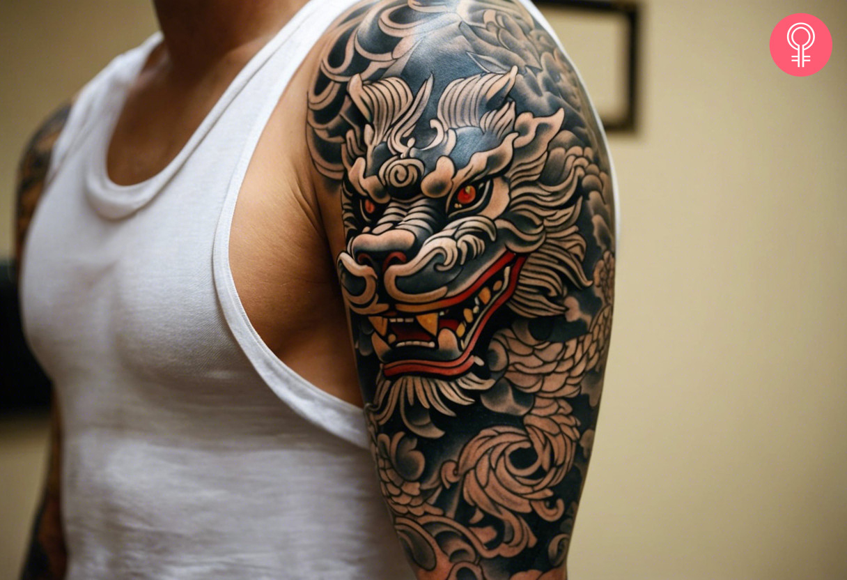 A traditional foo dog tattoo on the upper arm