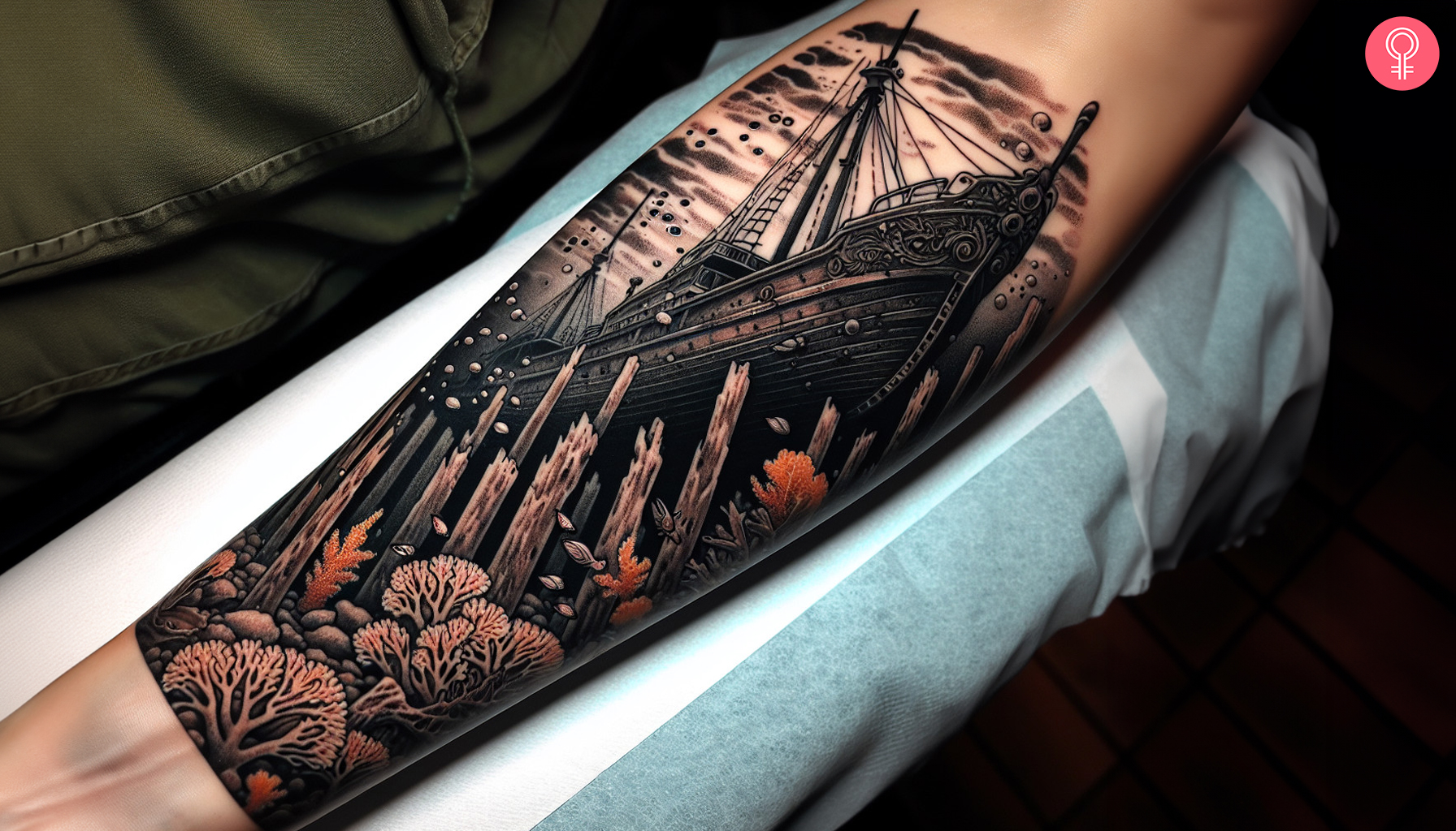 A traditional forearm tattoo of a ship suck under the sea