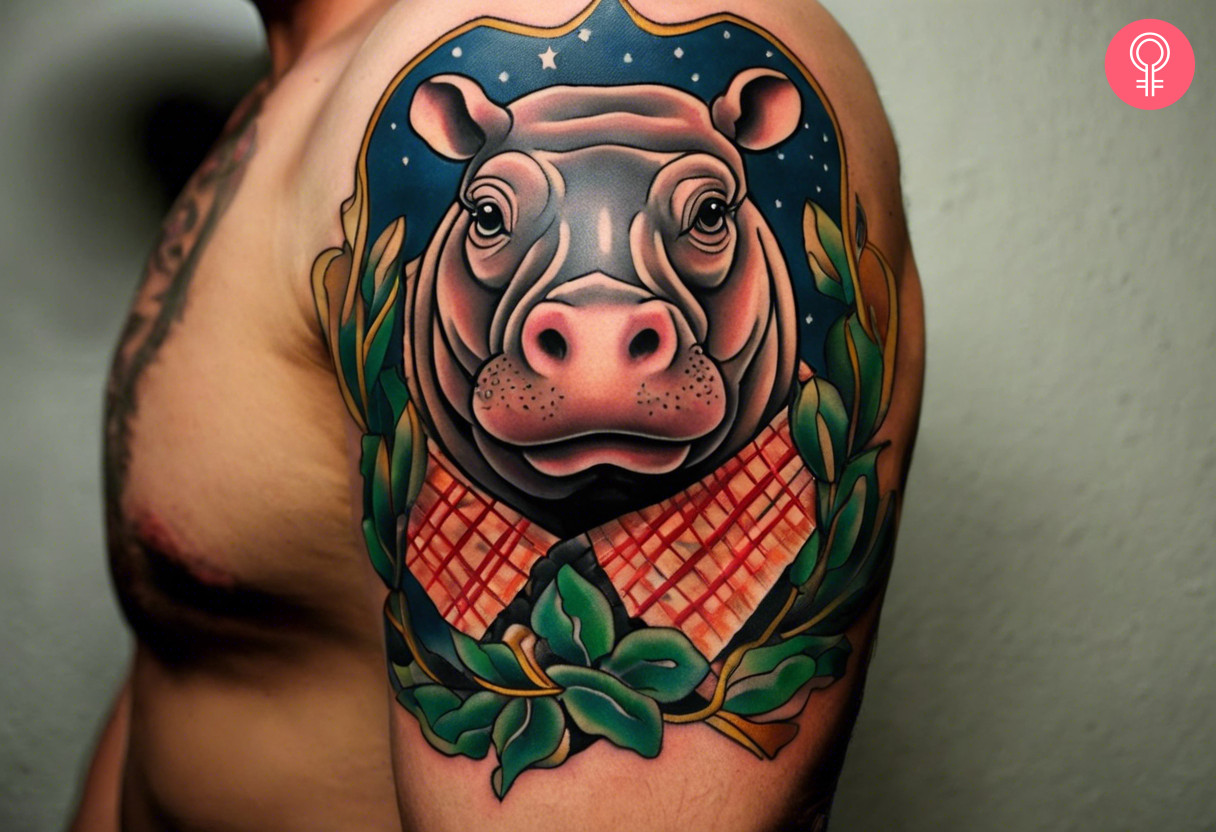 A traditional hippo tattoo on the arm of a man