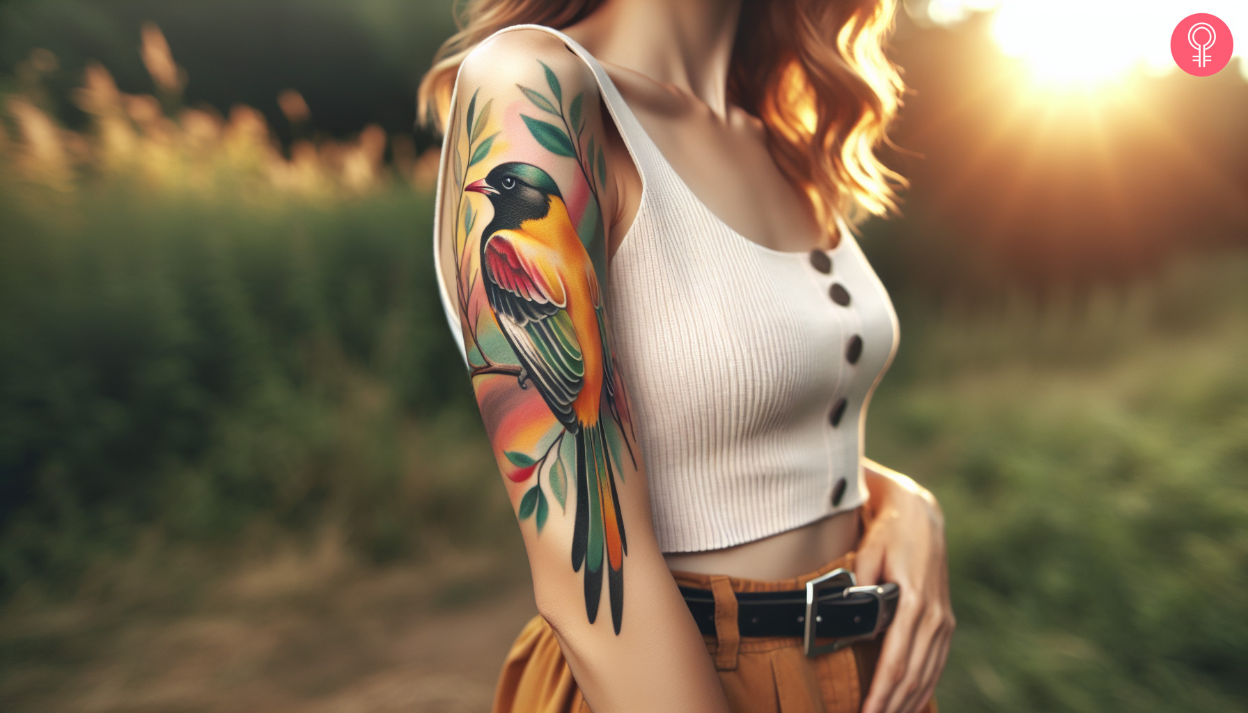 A traditional oriole tattoo sitting on a branch on the upper arm