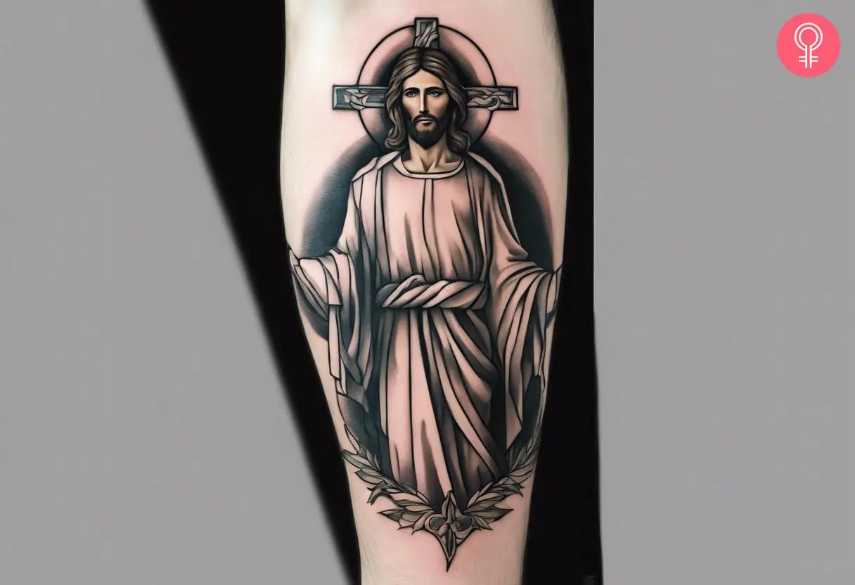 A traditional tattoo of a Jesus inked on the forearm