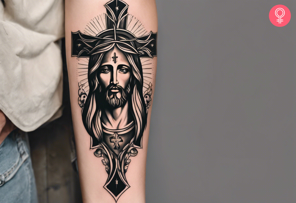 A traditional tattoo of a Jesus with a cross inked on the forearm