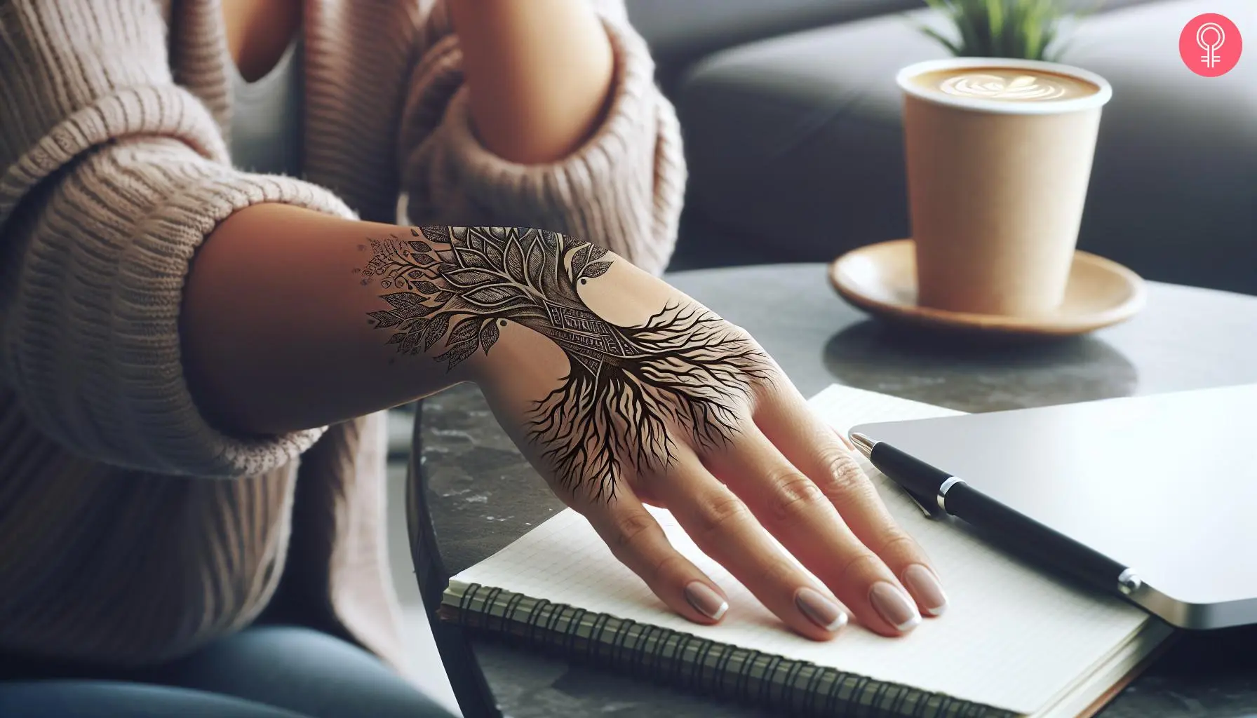 A tree roots tattoo on a woman’s hand