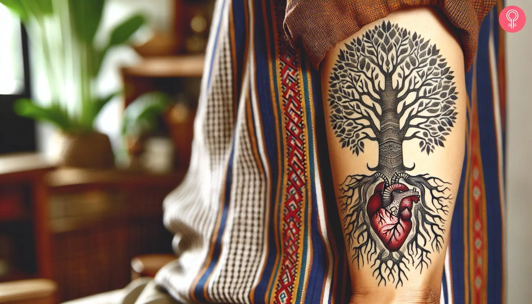 A tree with a heart root tattoo on an arm