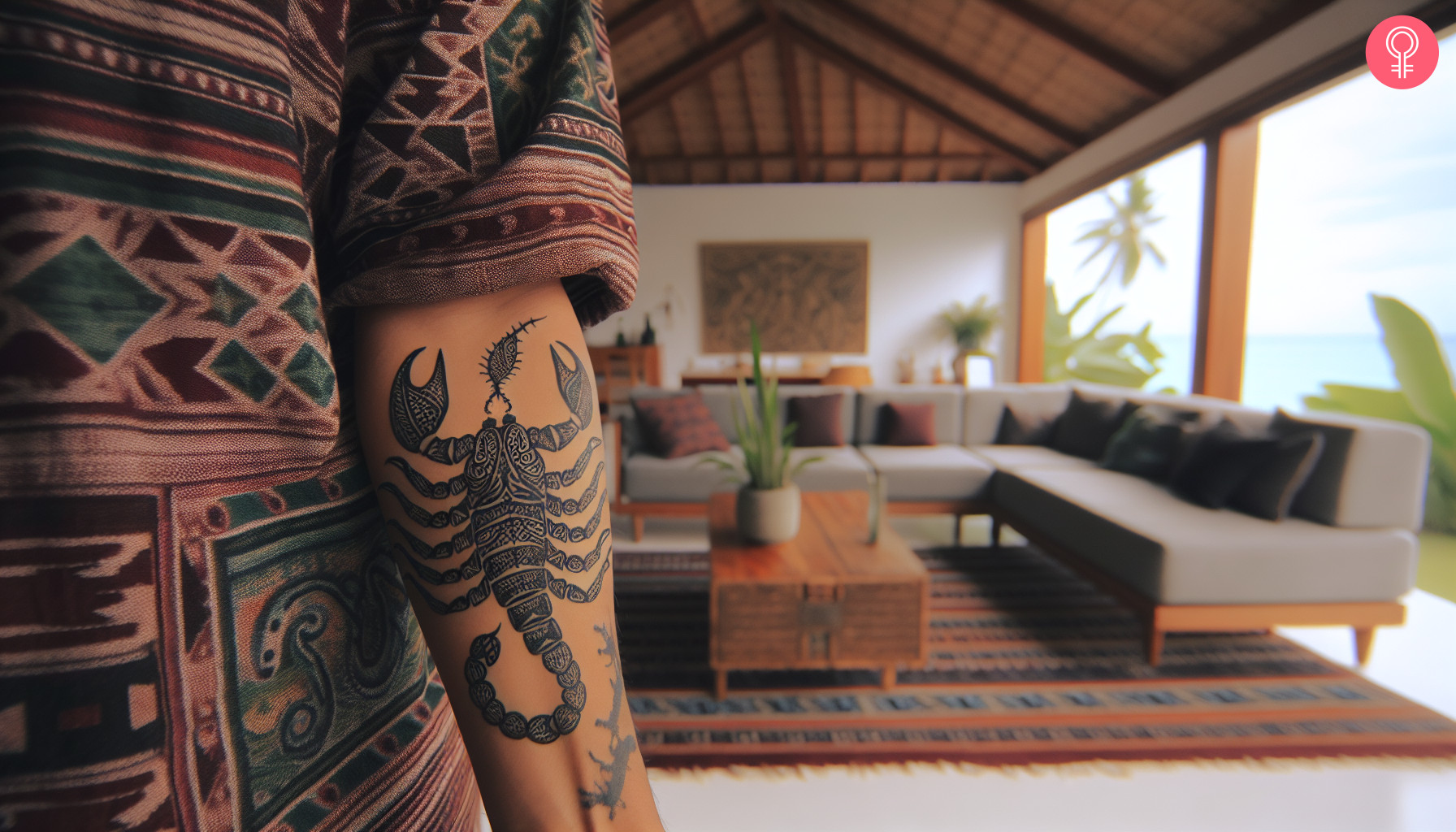 A tribal Scorpion tattoo on the forearm