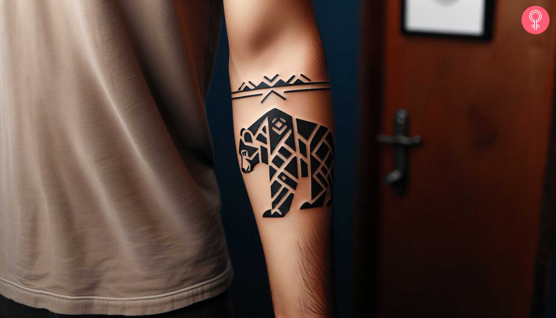 A tribal bear tattoo on the forearm