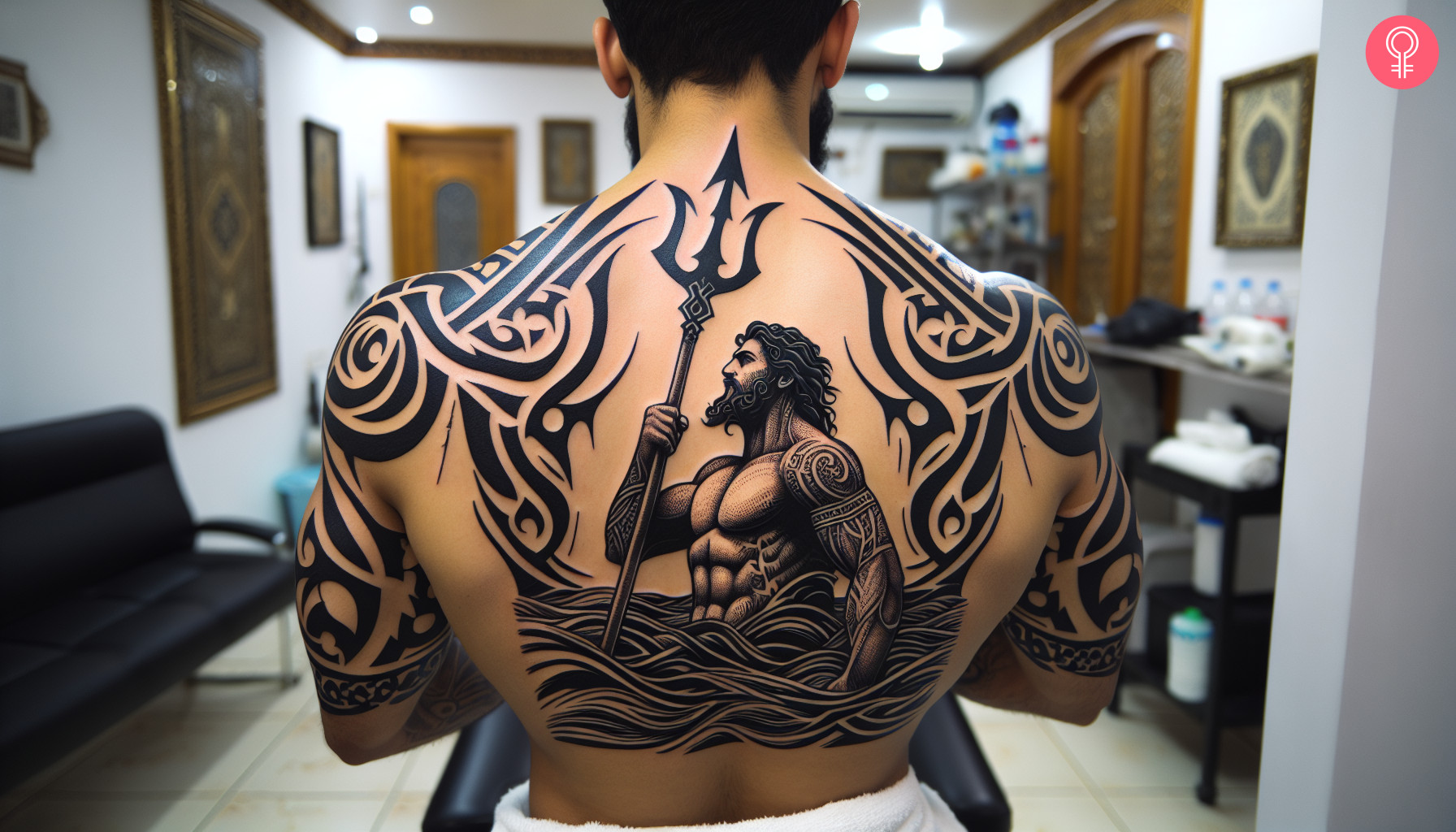 A tribal design tattoo of Poseidon with his trident on the back