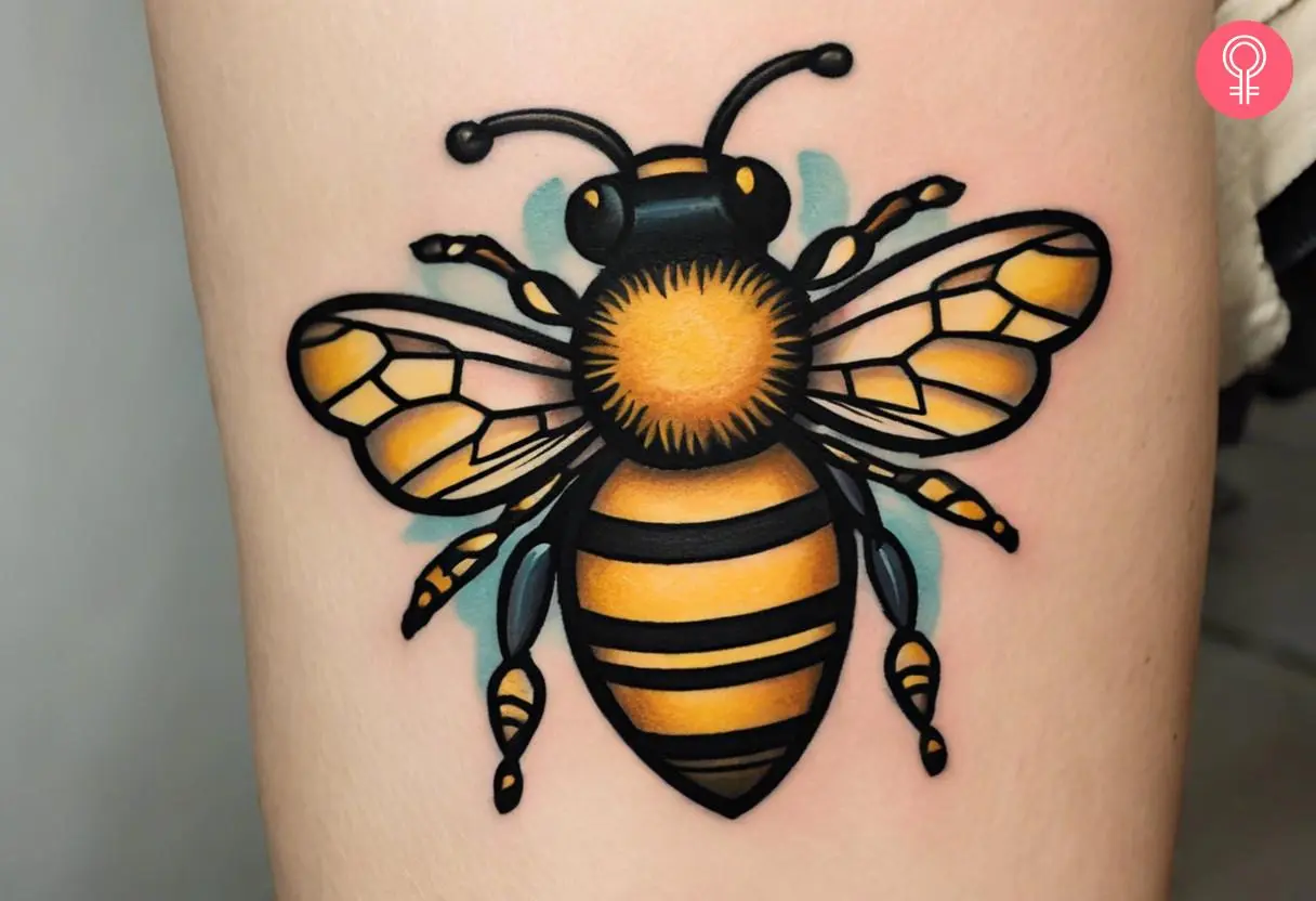 A vintage bee tattoo on the upper arm of a woman