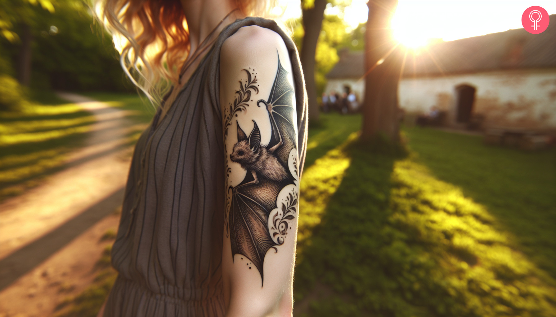 A vintage style bat tattoo with floral stems and retro elements