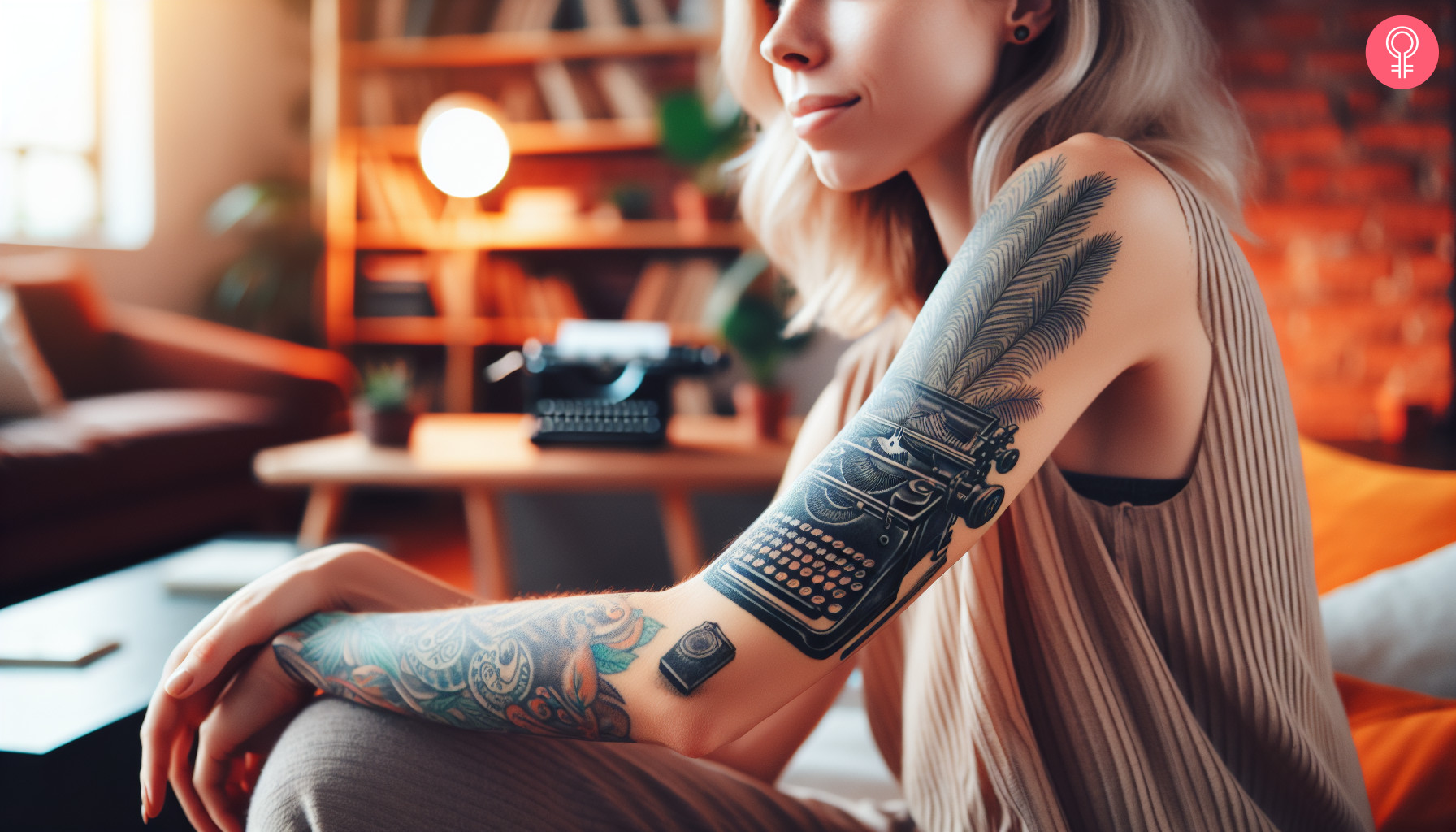 A vintage style sleeve tattoo featuring feathers, a typewriter, and a camera