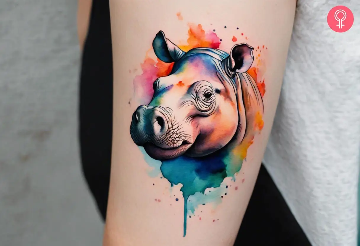 A watercolor hippo tattoo on the arm of a woman