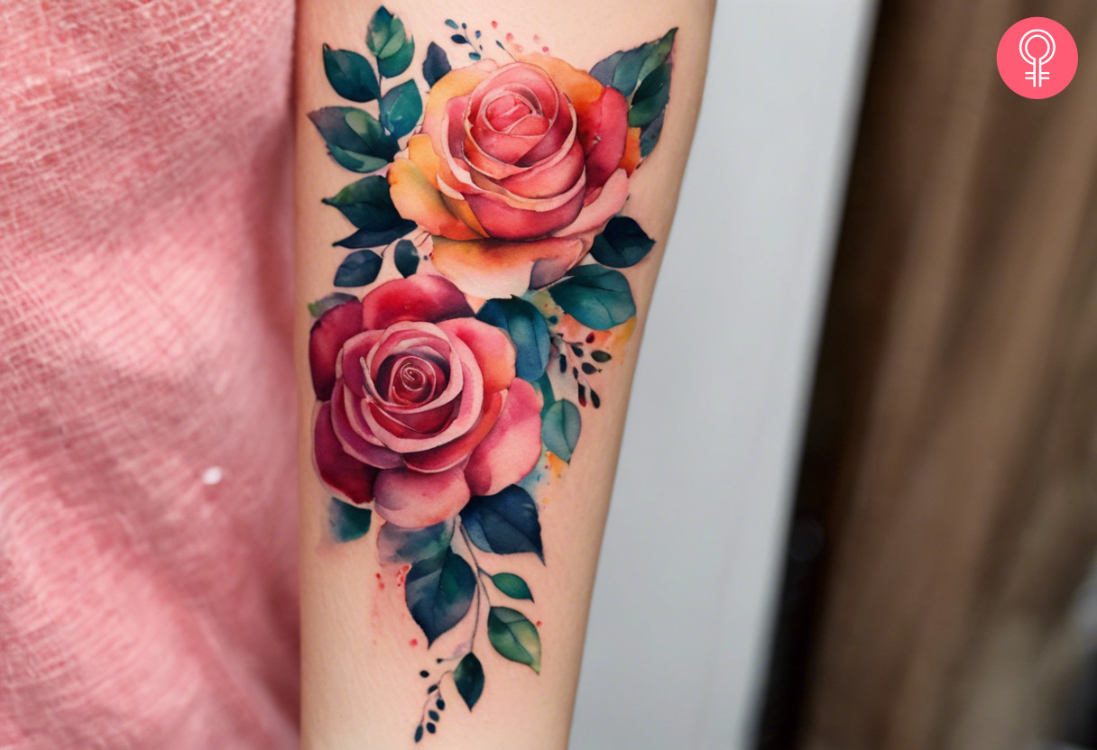 A watercolor ink pair of rose tattoo