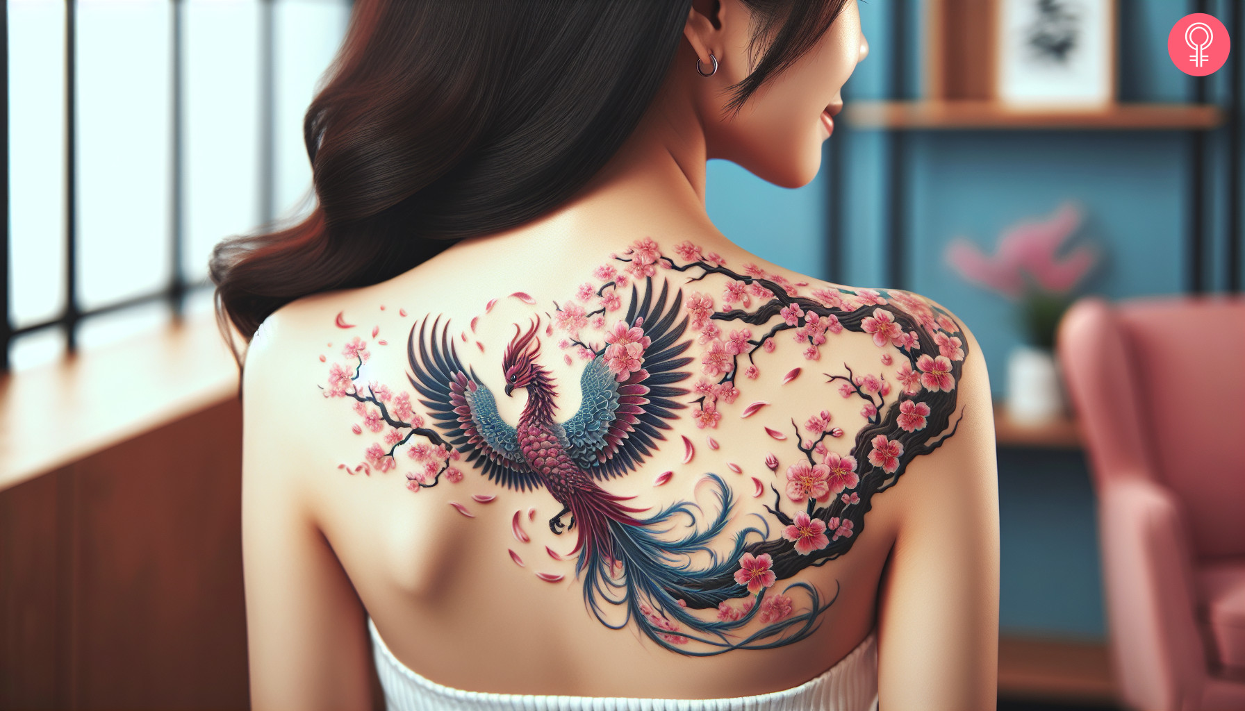 A woman wearing a Japanese Phoenix tattoo female on her upper back