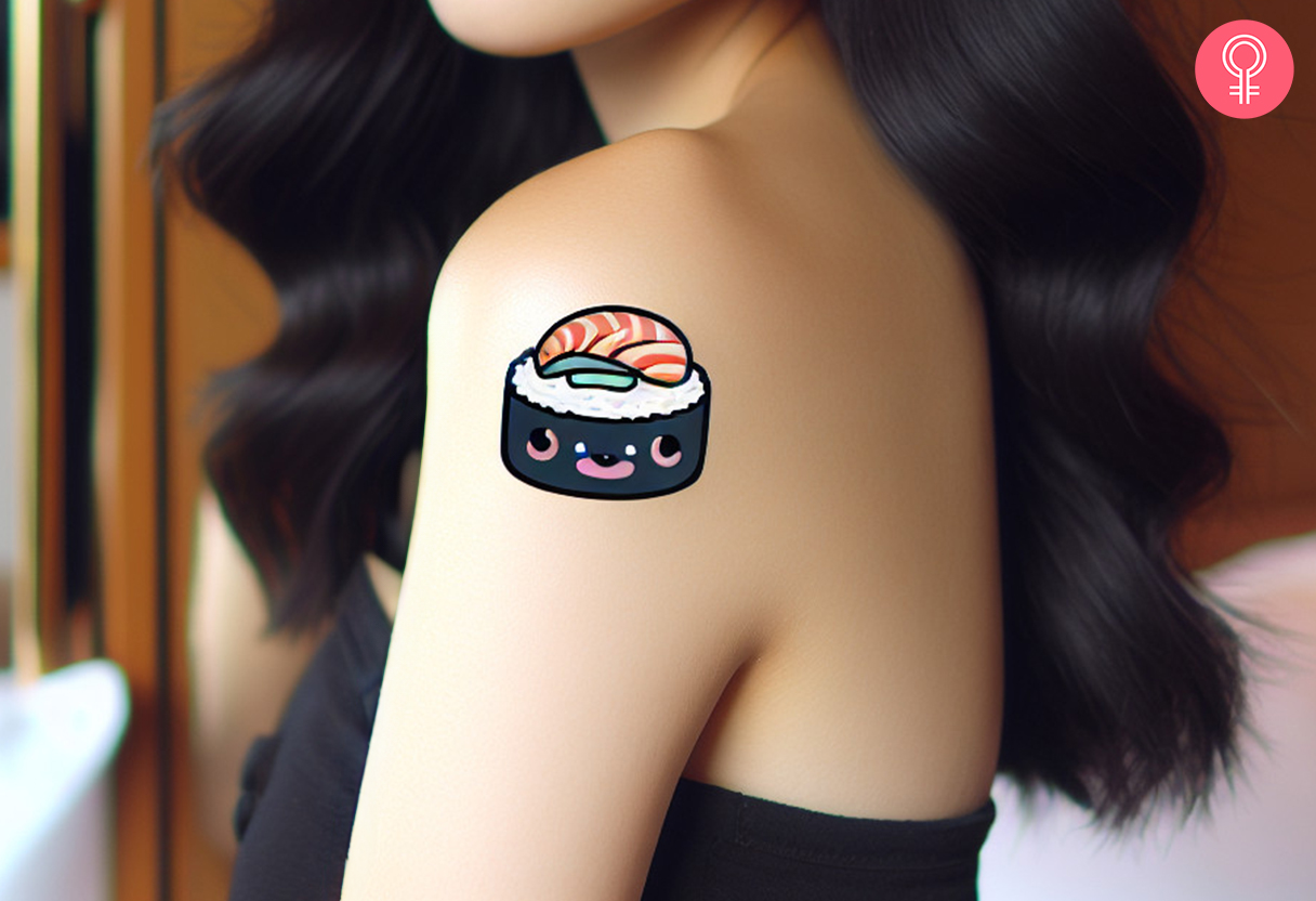 A woman wearing a Kawaii sushi tattoo on her shoulder