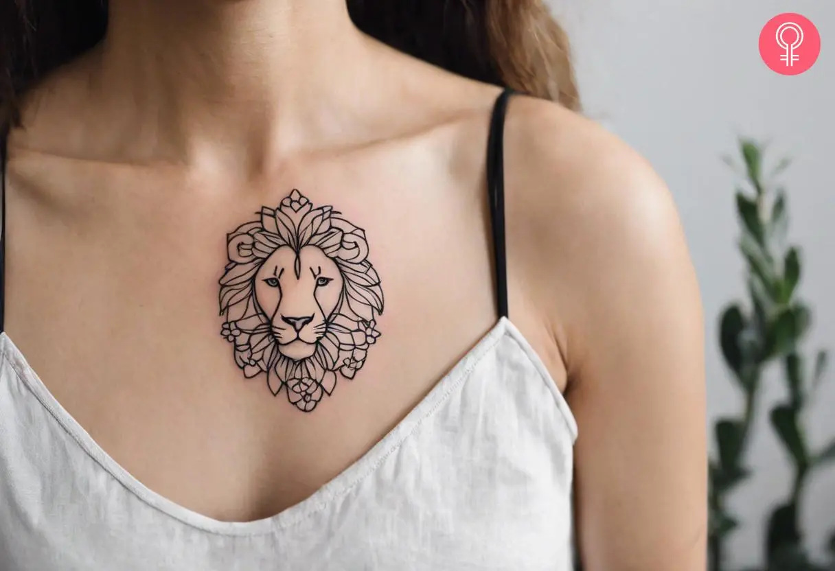 A woman wearing a Leo zodiac tattoo on her chest