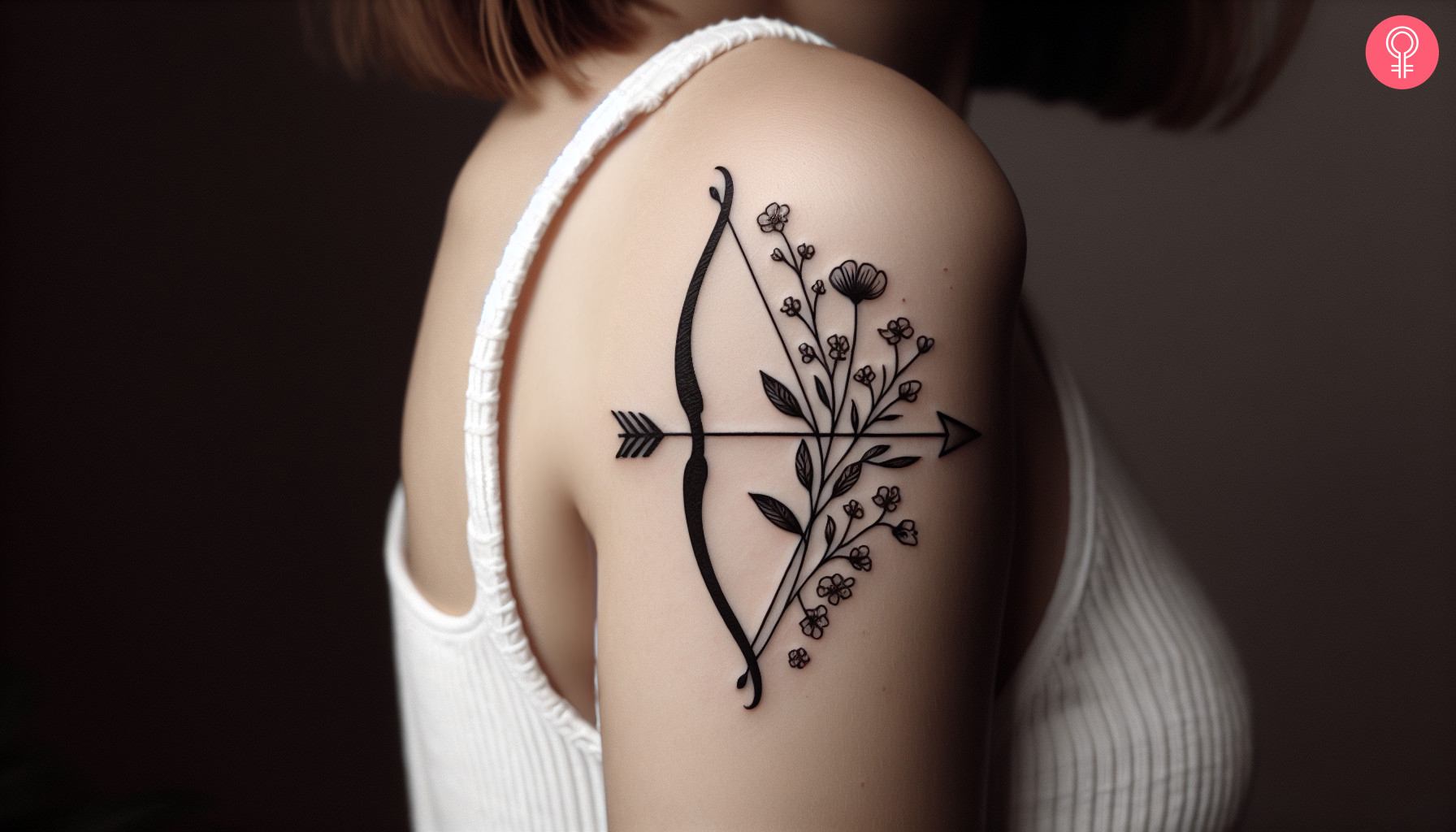 A woman wearing a Sagittarius zodiac sign tattoo on the upper arm