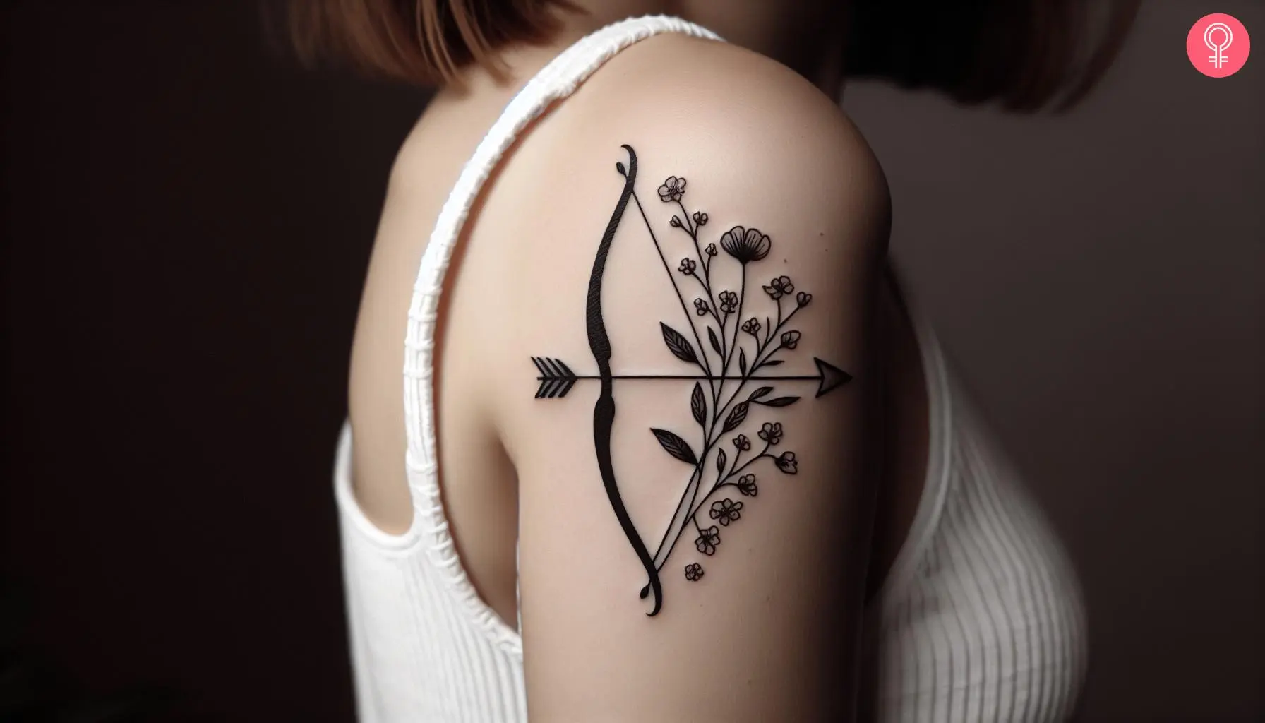 A woman wearing a Sagittarius zodiac sign tattoo on the upper arm