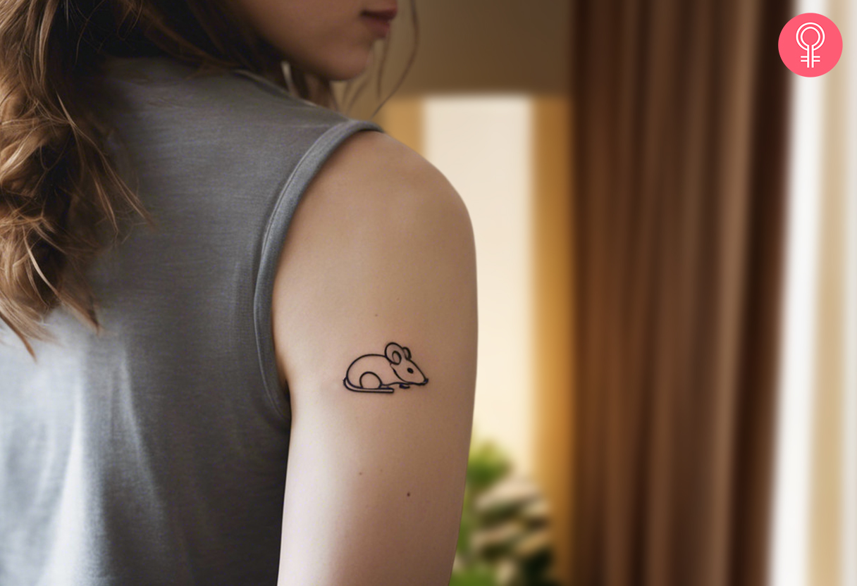 A woman wearing a baby mouse tattoo on the upper arm