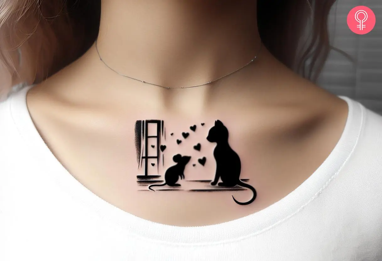 A woman wearing a cat and mouse tattoo on his chest