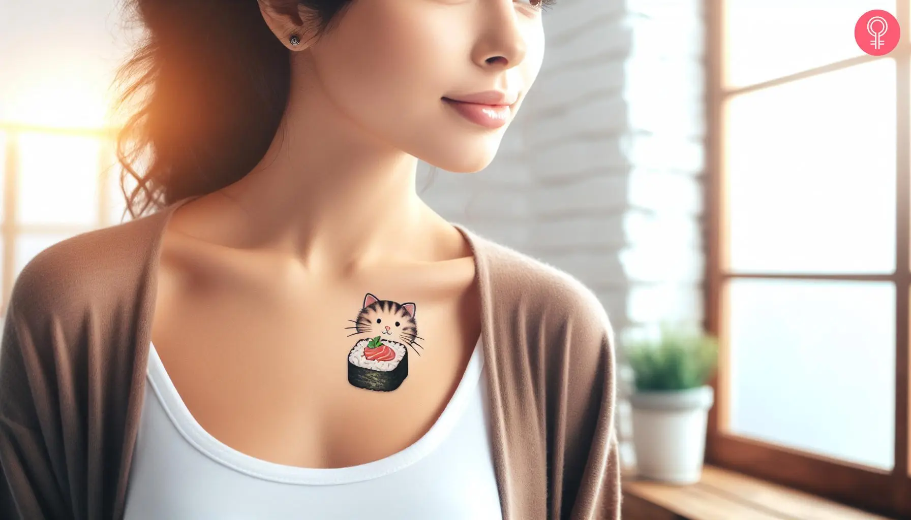 A woman wearing a cat sushi tattoo beneath the collarbone.