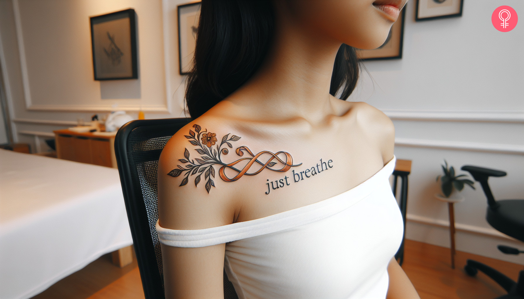 A woman wearing a cheerful multiple sclerosis tattoo beneath the collarbone