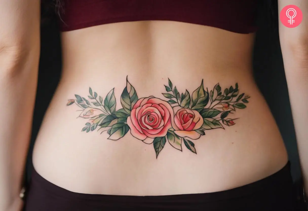 A woman wearing a classic, floral cover-up tattoo