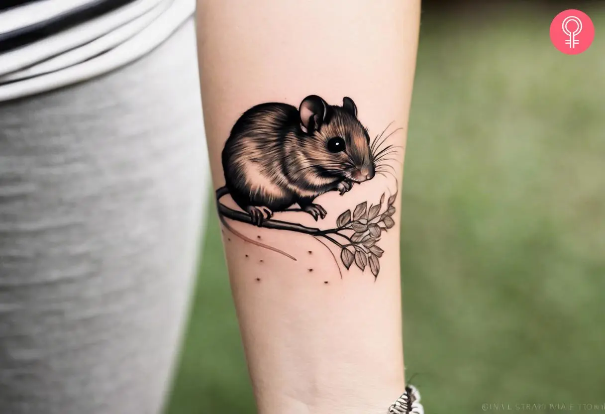 A woman wearing a field mouse tattoo on her lower arm