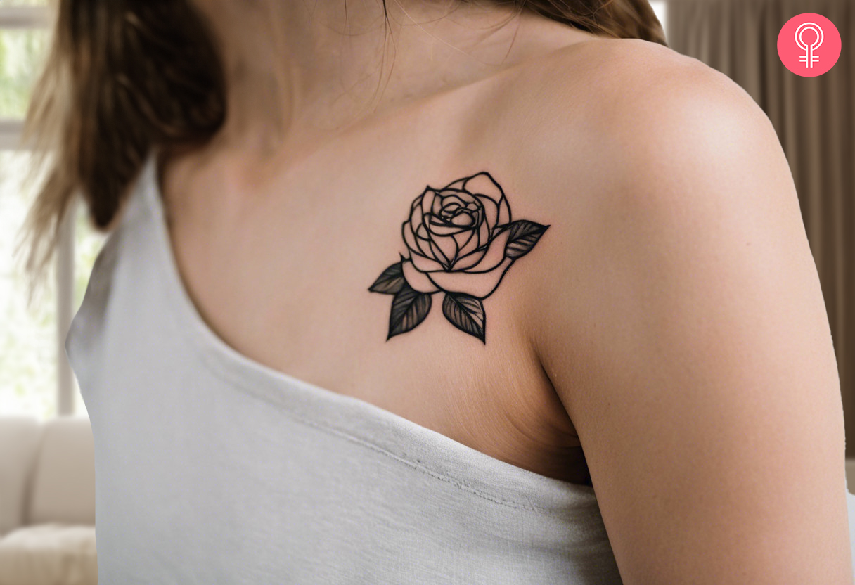 A woman wearing a flower tattoo on the front shoulder