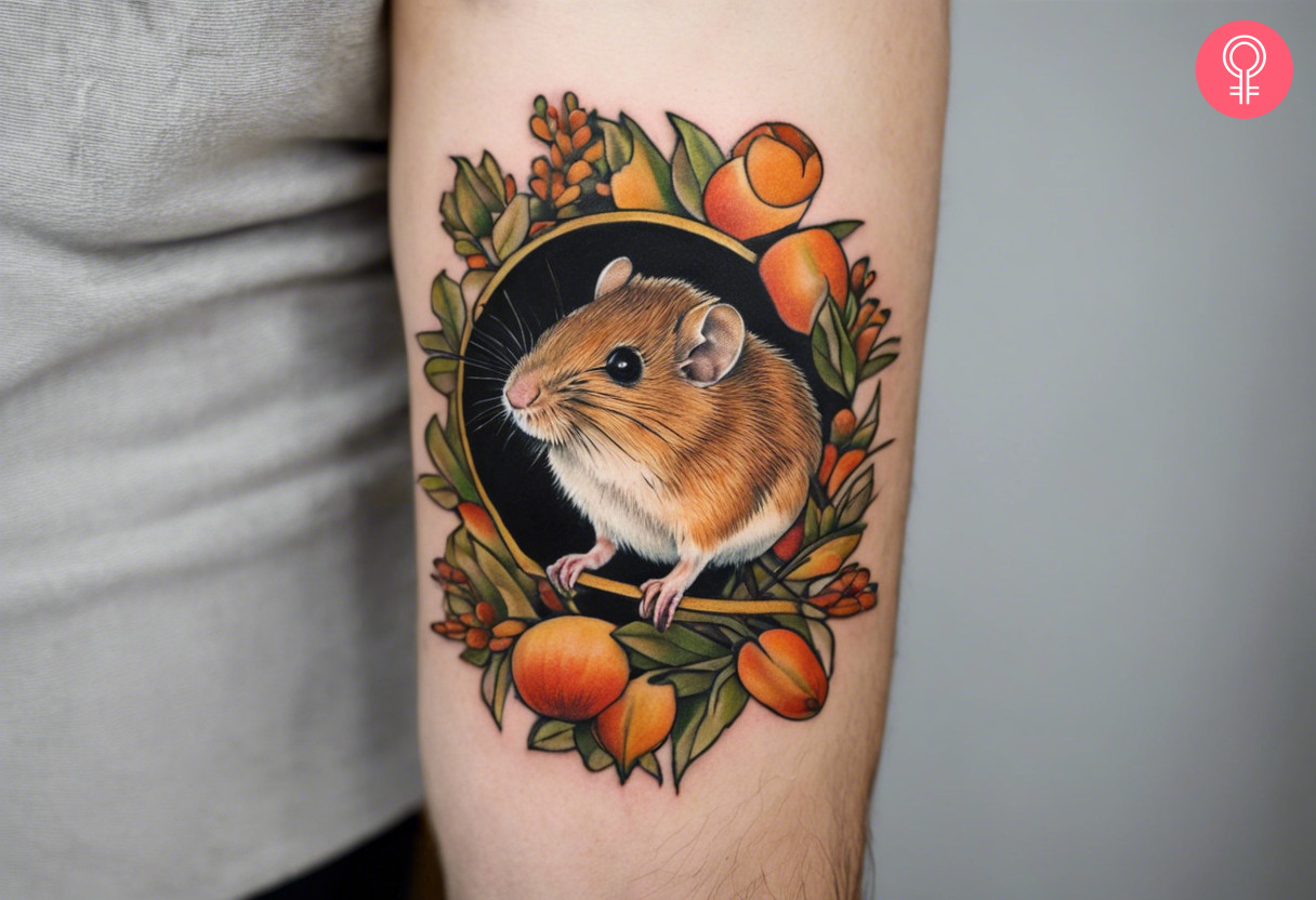 A woman wearing a harvest mouse tattoo on the upper arm