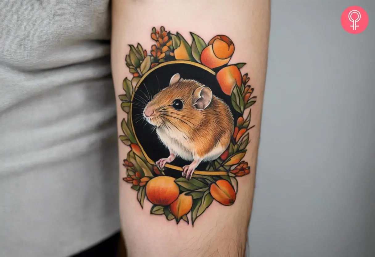 A woman wearing a harvest mouse tattoo on the upper arm