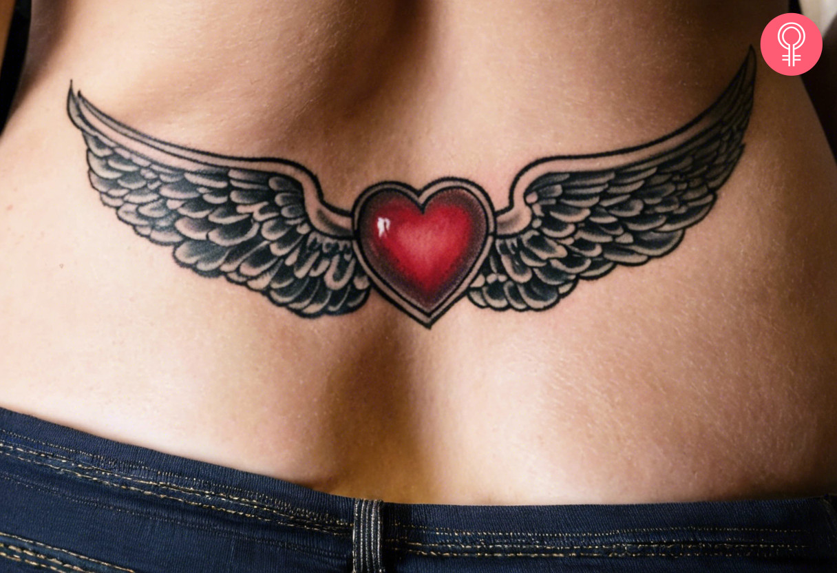 A woman wearing a heart with wings tattooed on her lower back