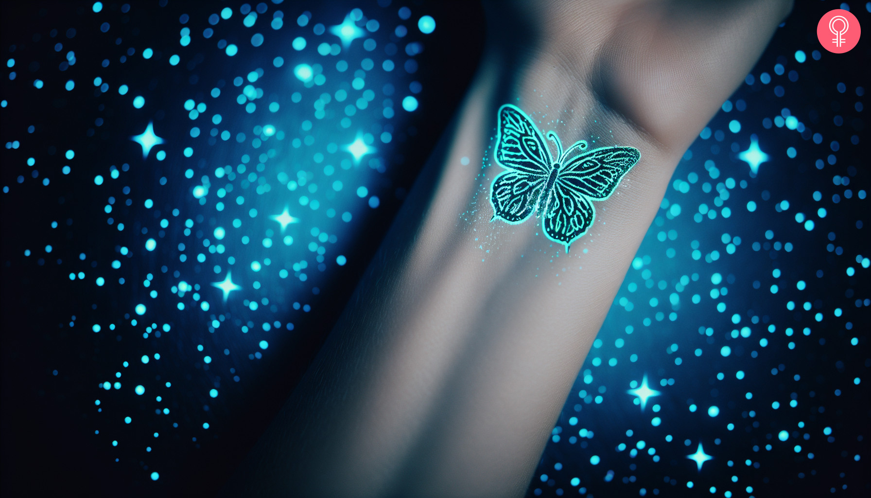 A woman wearing a light-up butterfly tattoo on the wrist