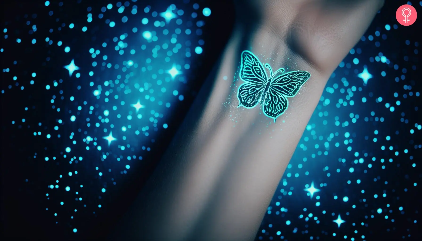 A woman wearing a light-up butterfly tattoo on the wrist