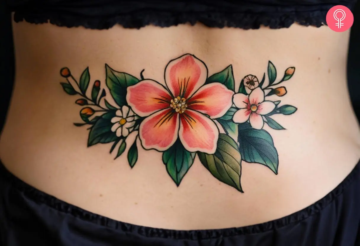 A woman wearing a minimalist floral tattoo on the lower back