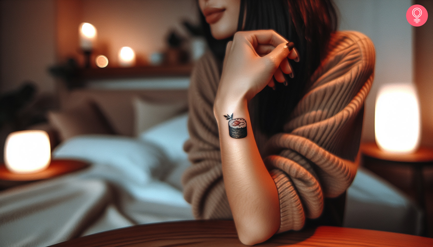 A woman wearing a minimalist sushi tattoo on her lower arm