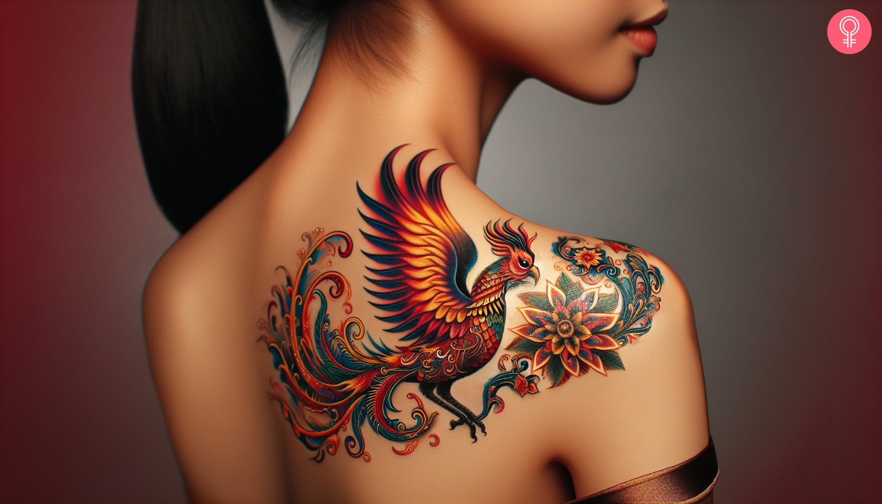 A woman wearing a phoenix shoulder tattoo on the back.