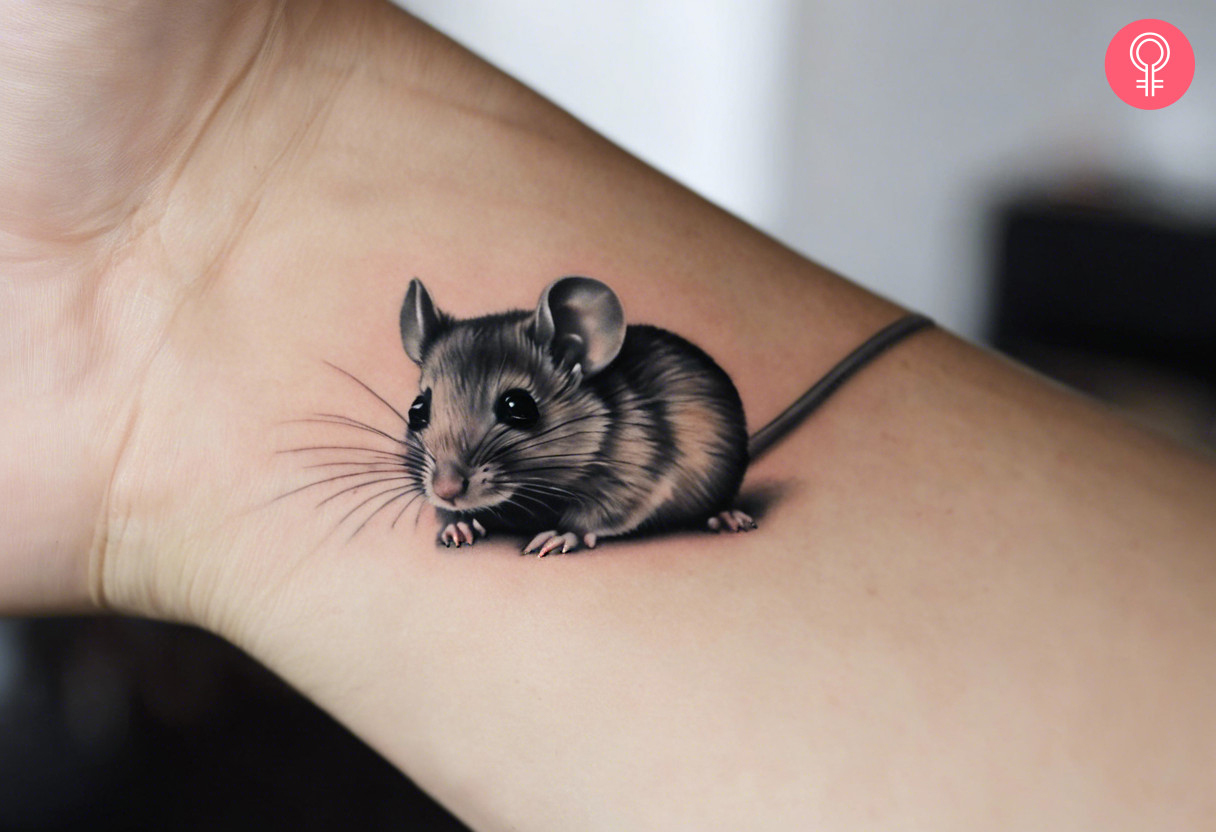 A woman wearing a realistic mouse tattoo on her inner wrist