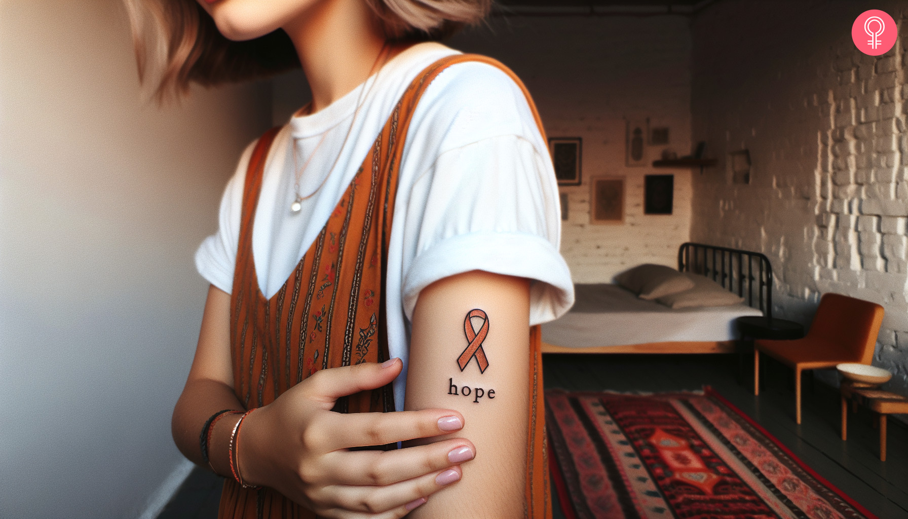 A woman wearing a small multiple sclerosis ribbon tattoo on her upper arm