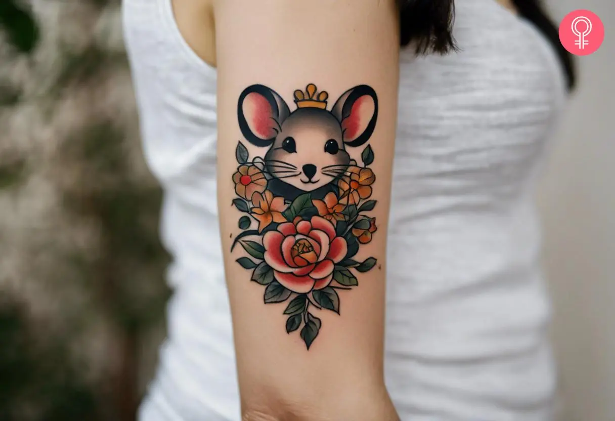 A woman wearing a traditional mouse tattoo on the upper arm