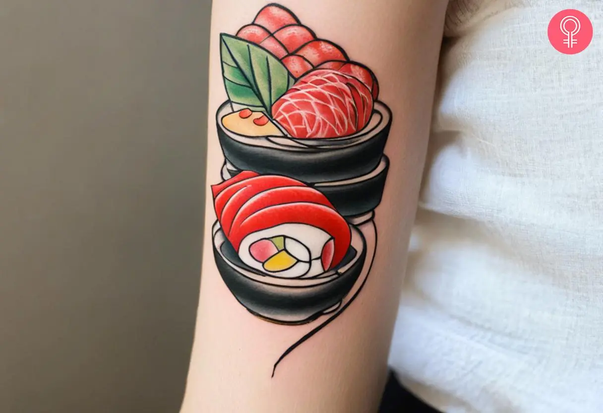 A woman wearing a traditional sushi tattoo on her upper arm